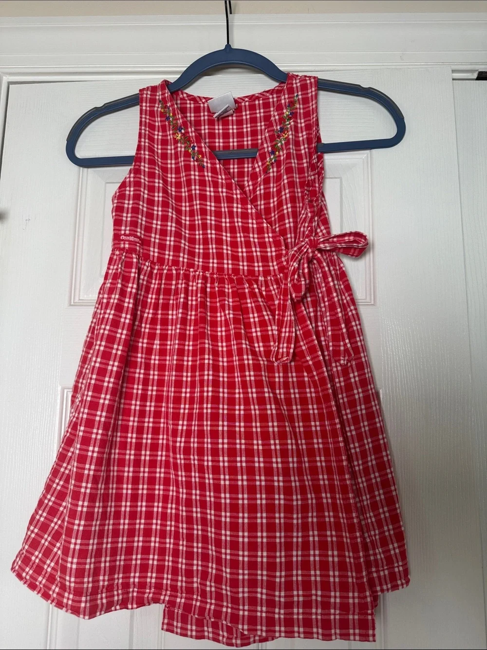 Vintage 90s osh kosh Red Plaid Wrap-Style cotton Kids Dress with Tie size 6x